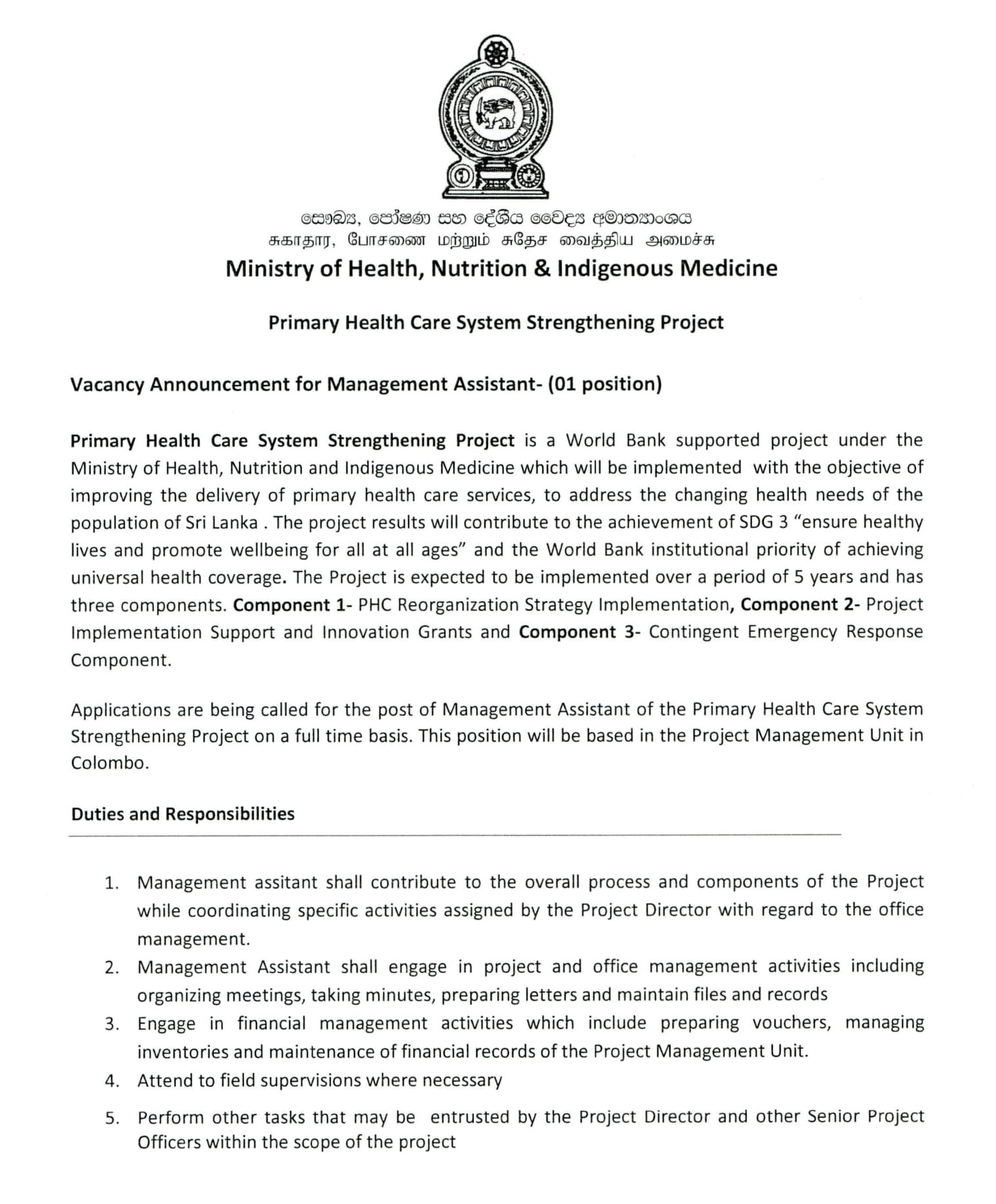 Management Assistant - Ministry of Health, Nutrition & Indigenous Medicine